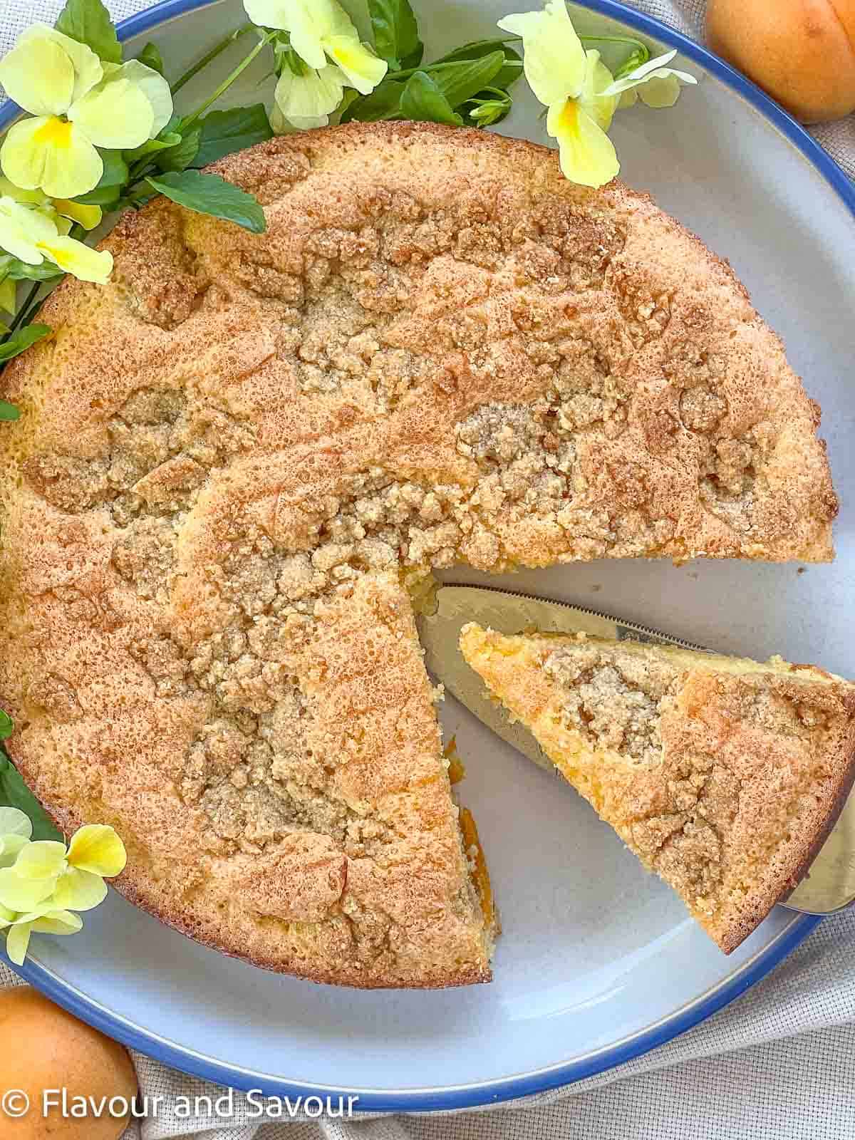 Overhead view of a flourless apricot almond cake with streusel topping.