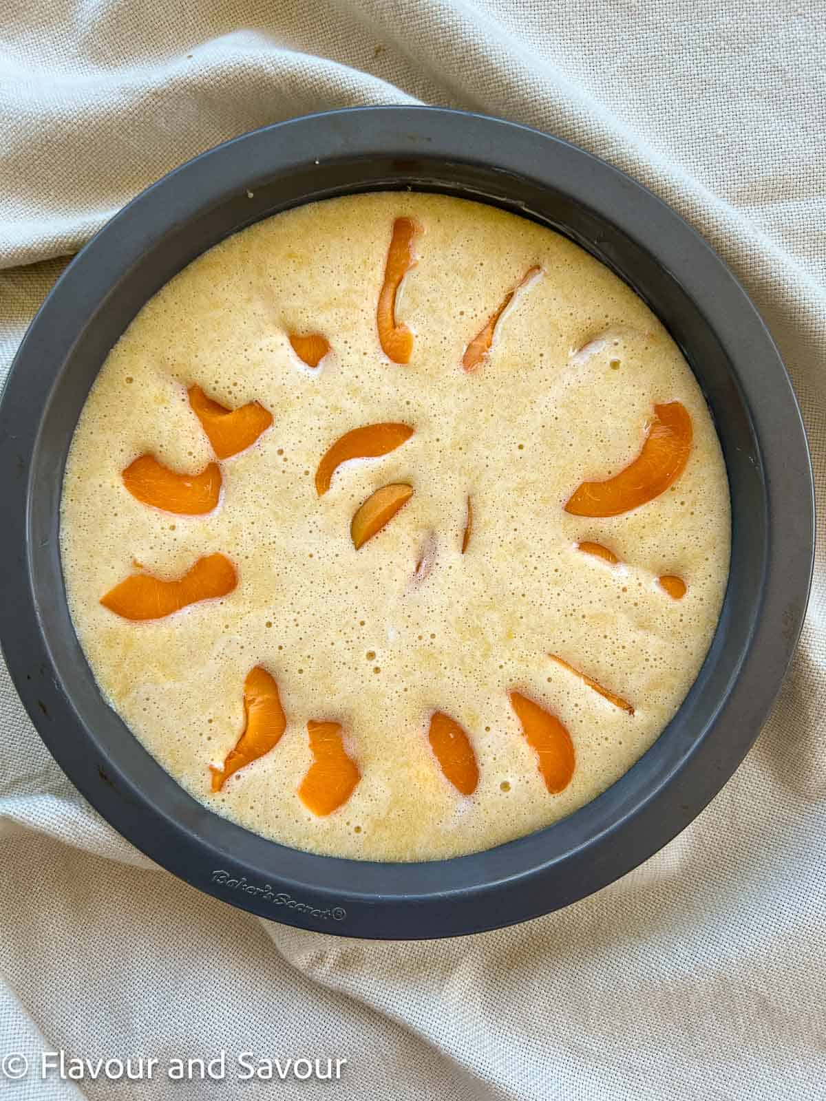 Sliced apricots in apricot almond flour cake batter in a baking pan.