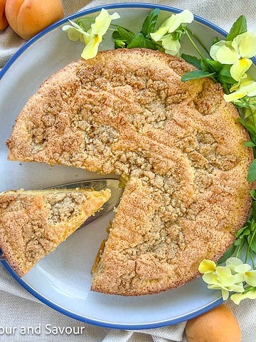 Overhead view of gluten-free almond flour apricot cake with a slice removed.