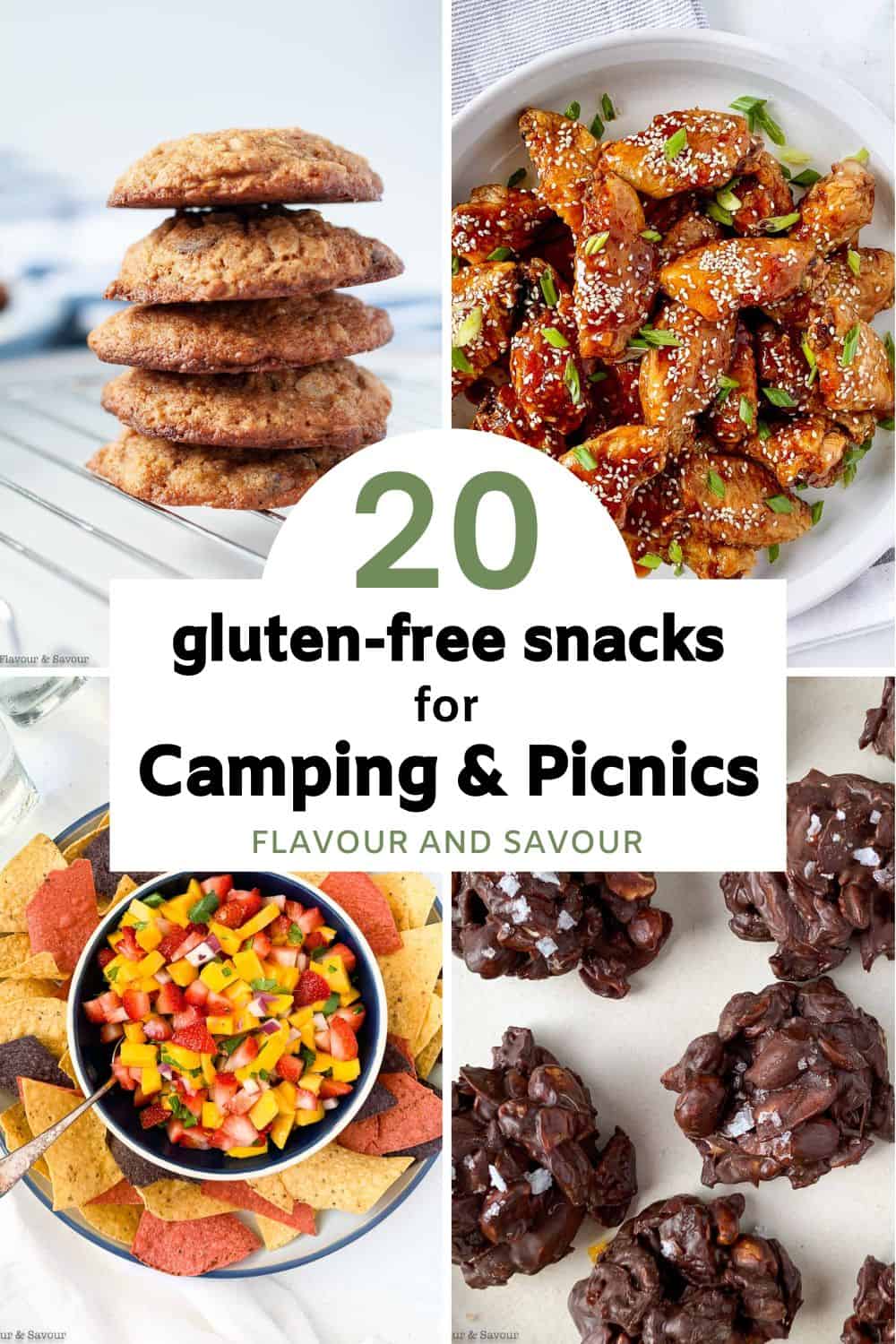 Image with text overlay for 20 gluten-free snacks for camping and picnics.