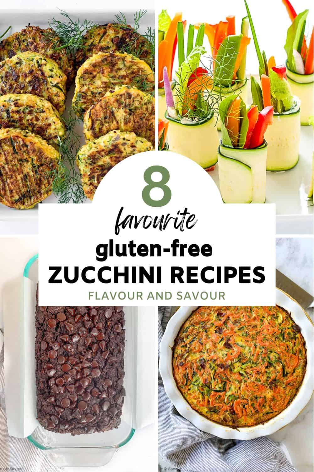 A collage of images of zucchini dishes with text overlay reading 8 favourite gluten-free zucchini recipes.