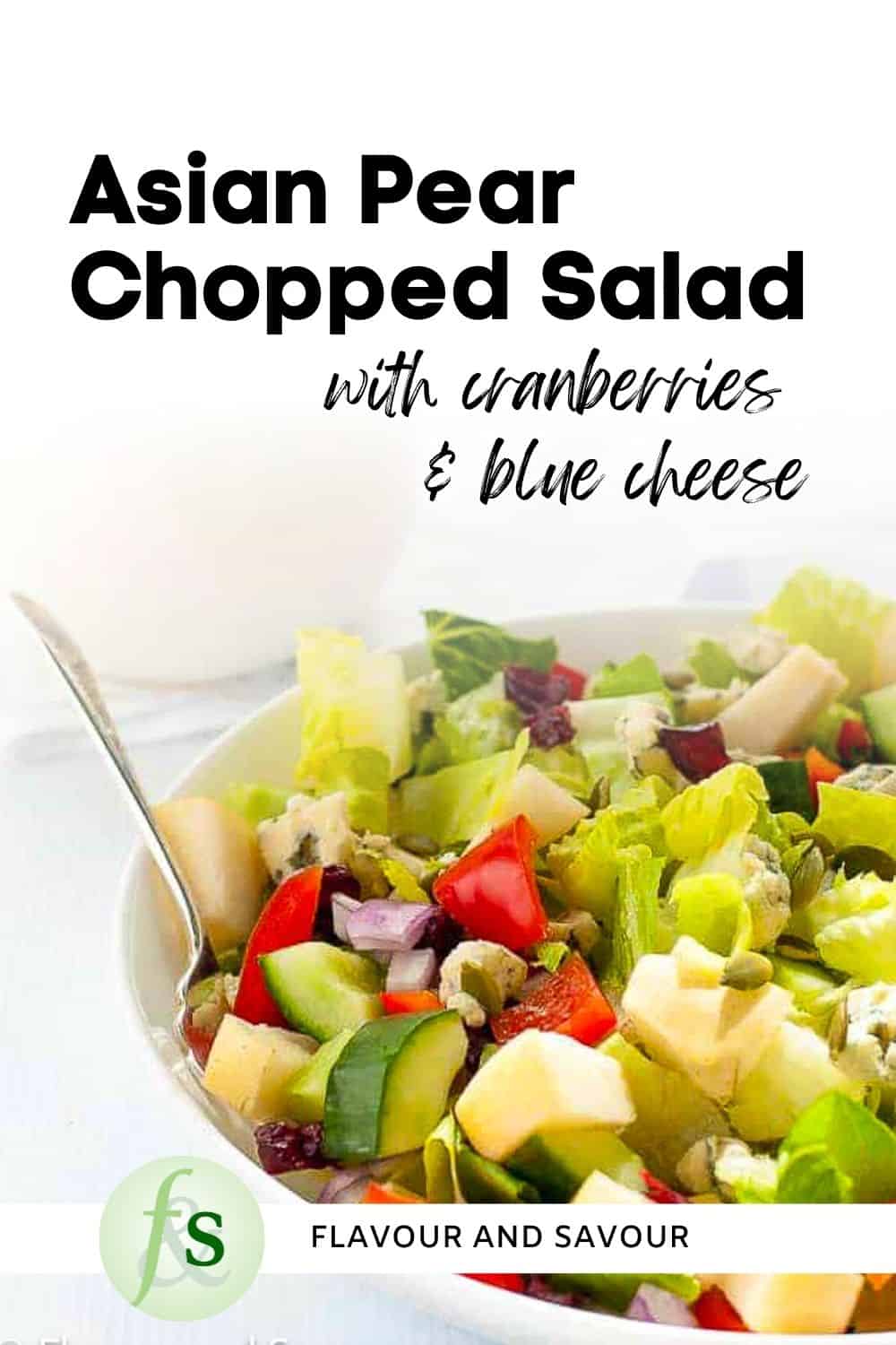 Image with text overlay for Asian Pear Chopped Salad with Cranberries and Blue Cheese