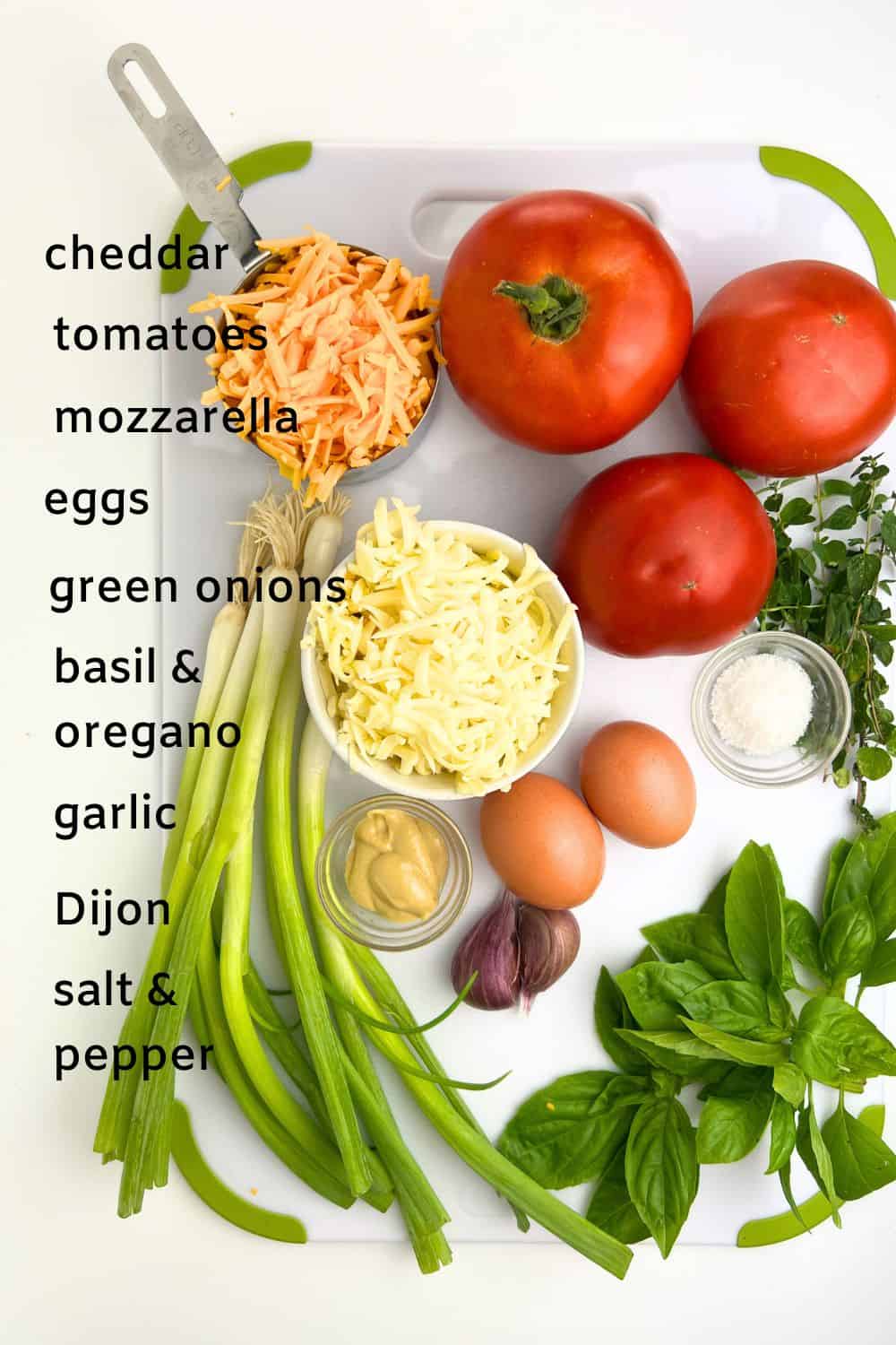 Ingredients for crustless tomato pie.