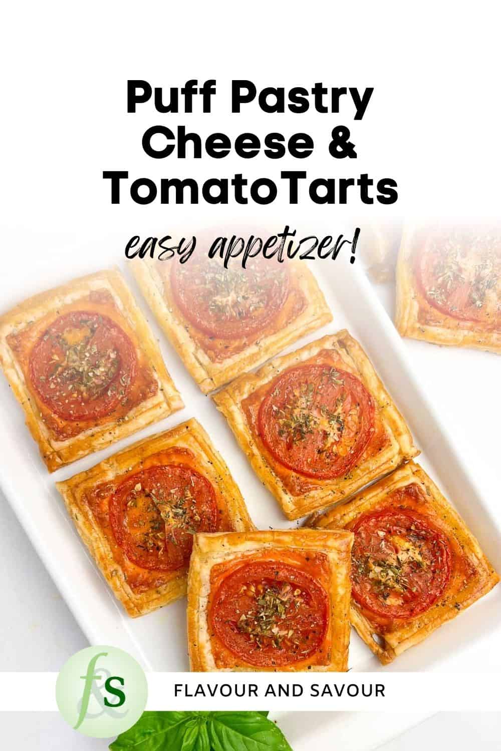 Image with text overlay for puff pastry cheese and tomato tarts.