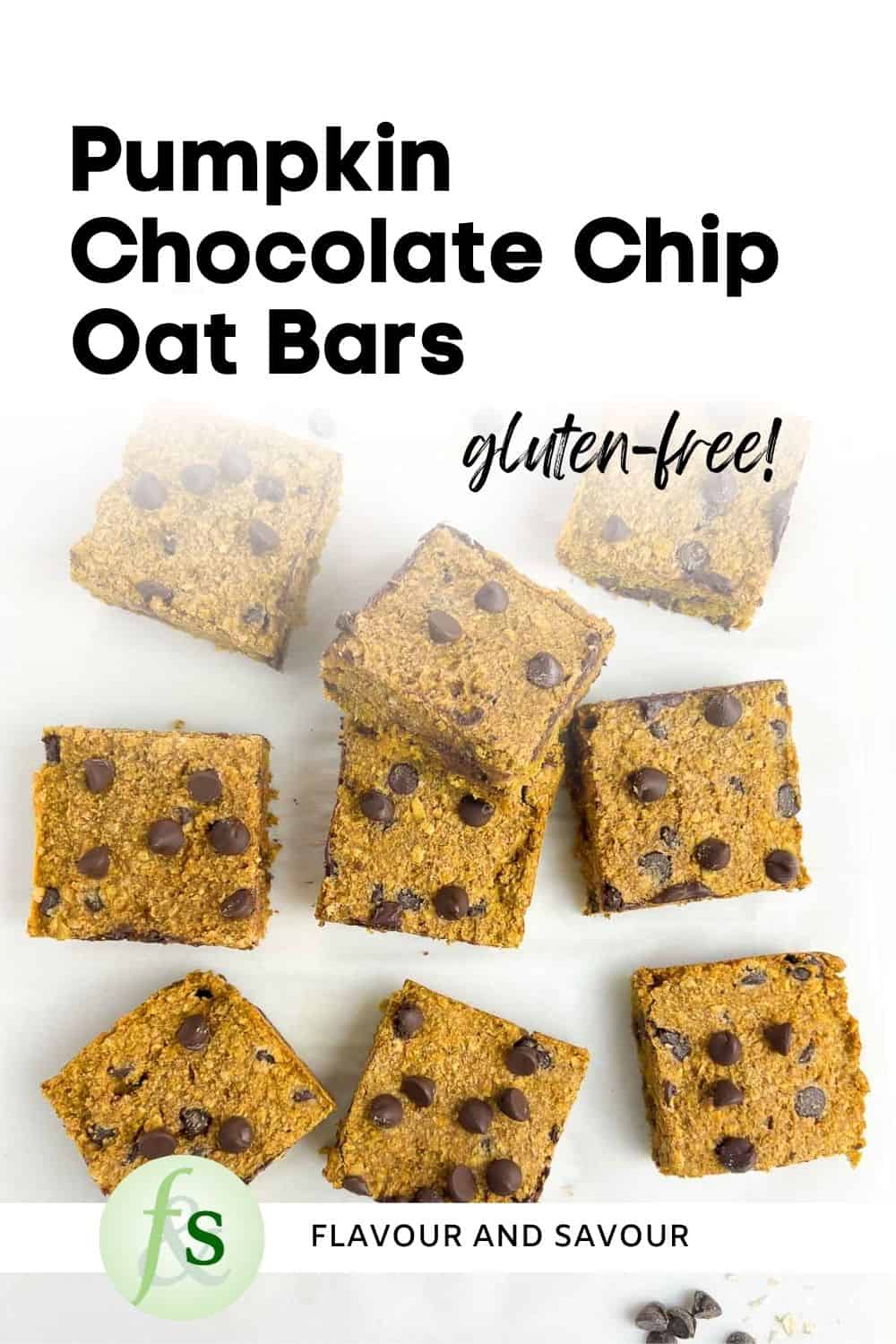 Image with text overlay for Pumpkin Chocolate Chip Oat Bars.