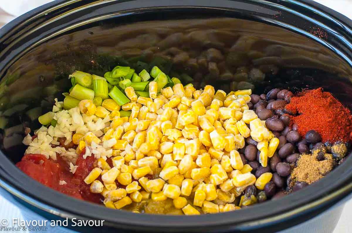Ingredients for black bean soup in a slow cooker bowl.