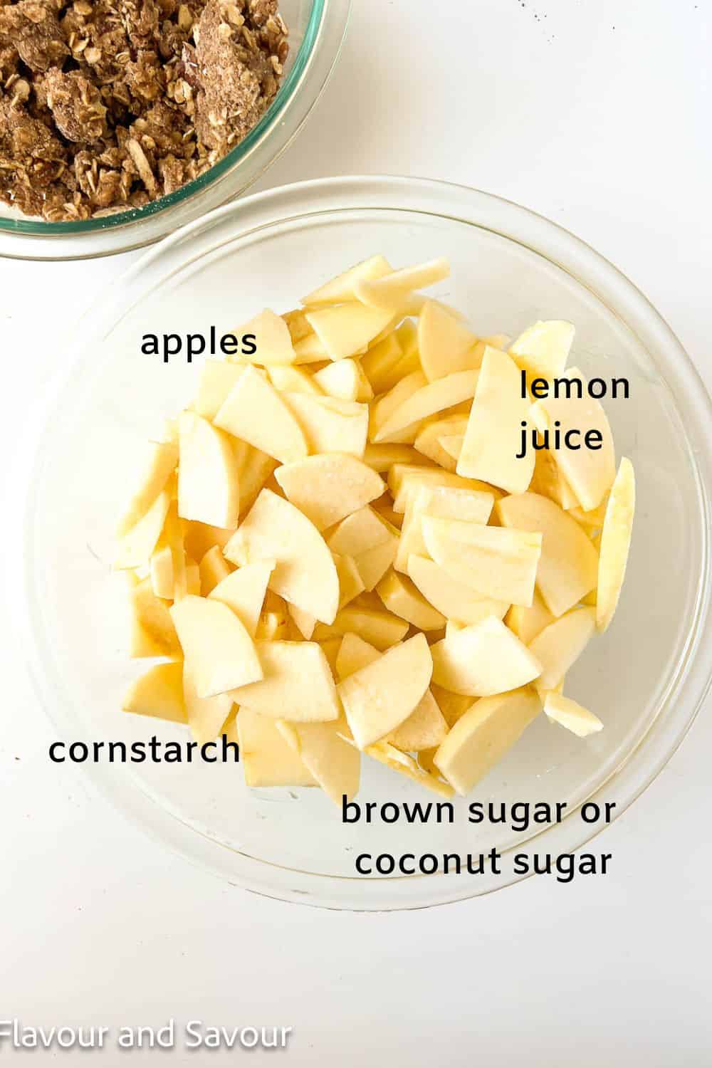 Ingredients for apple filling for apple pecan crisp.