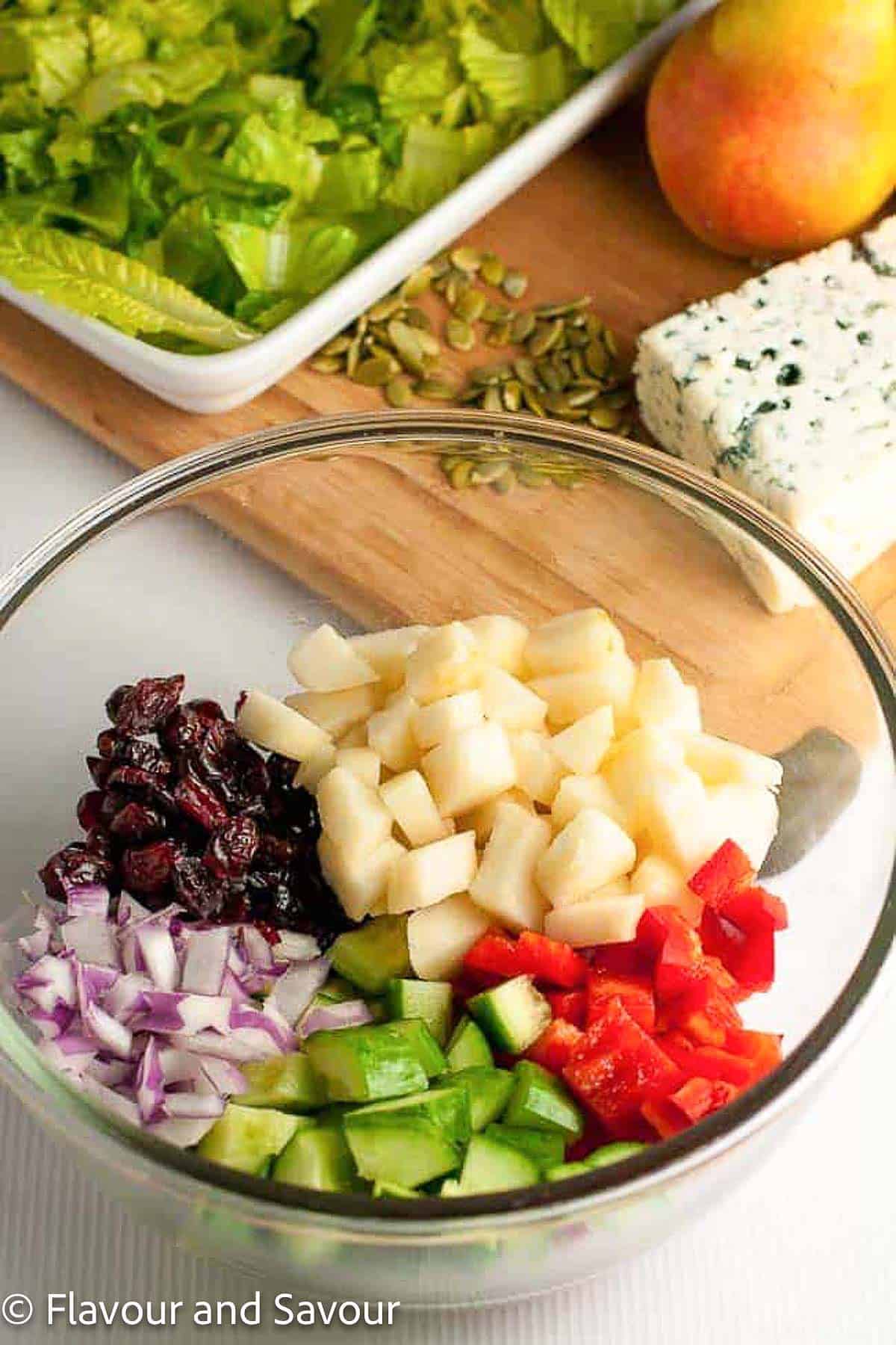 Ingredients for Asian pear salad with cranberries and blue cheese.