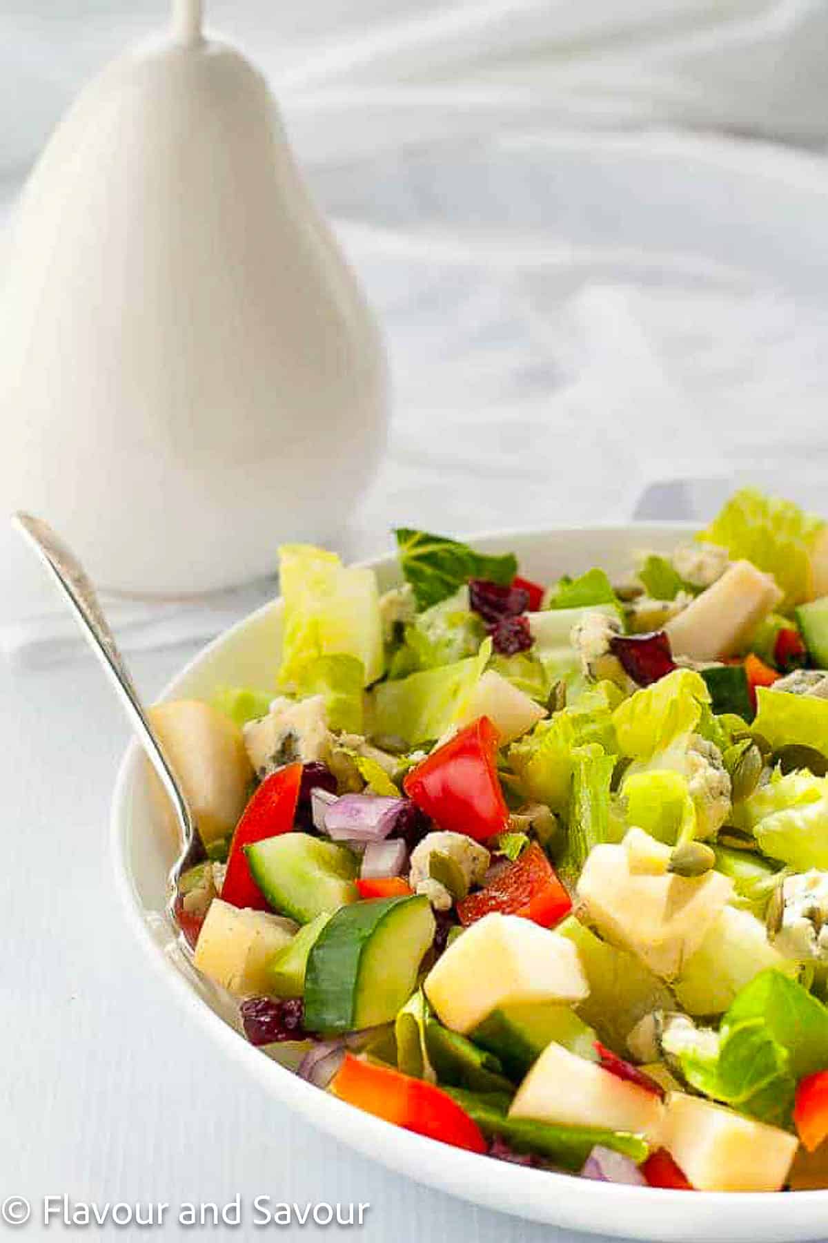 A shallow bowl with a chopped salad made with Asian pears (apple pears) blue cheese, cranberries, red bell pepper, cucumbers, and pumpkin seeds.