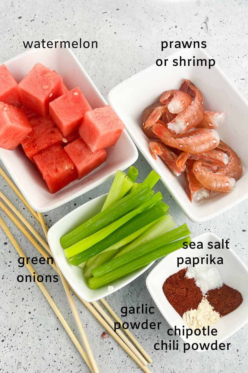 Labelled ingredients for grilled watermelon spot prawn skewers.