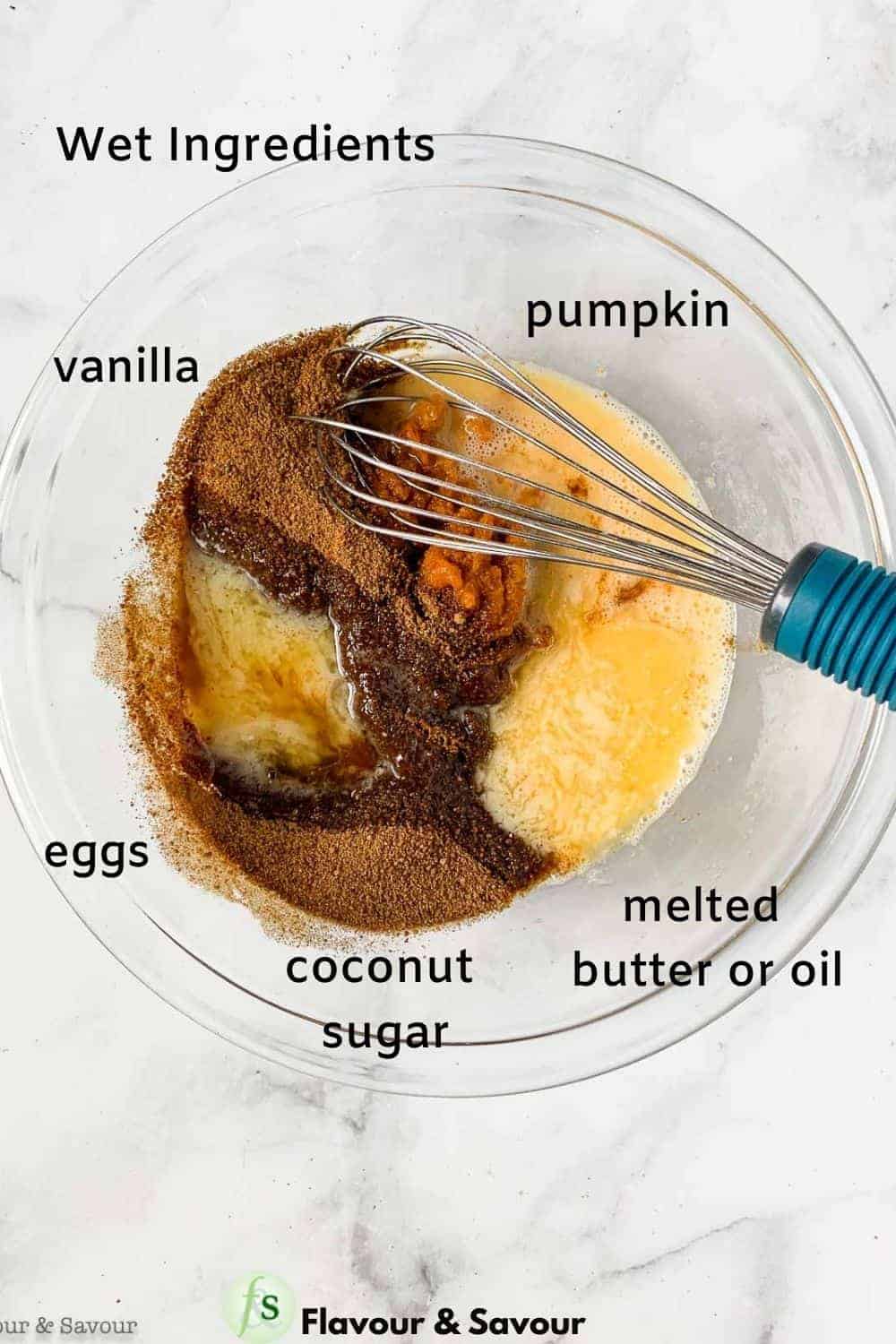 Labelled wet ingredients for pumpkin pecan caramel coffee cake.