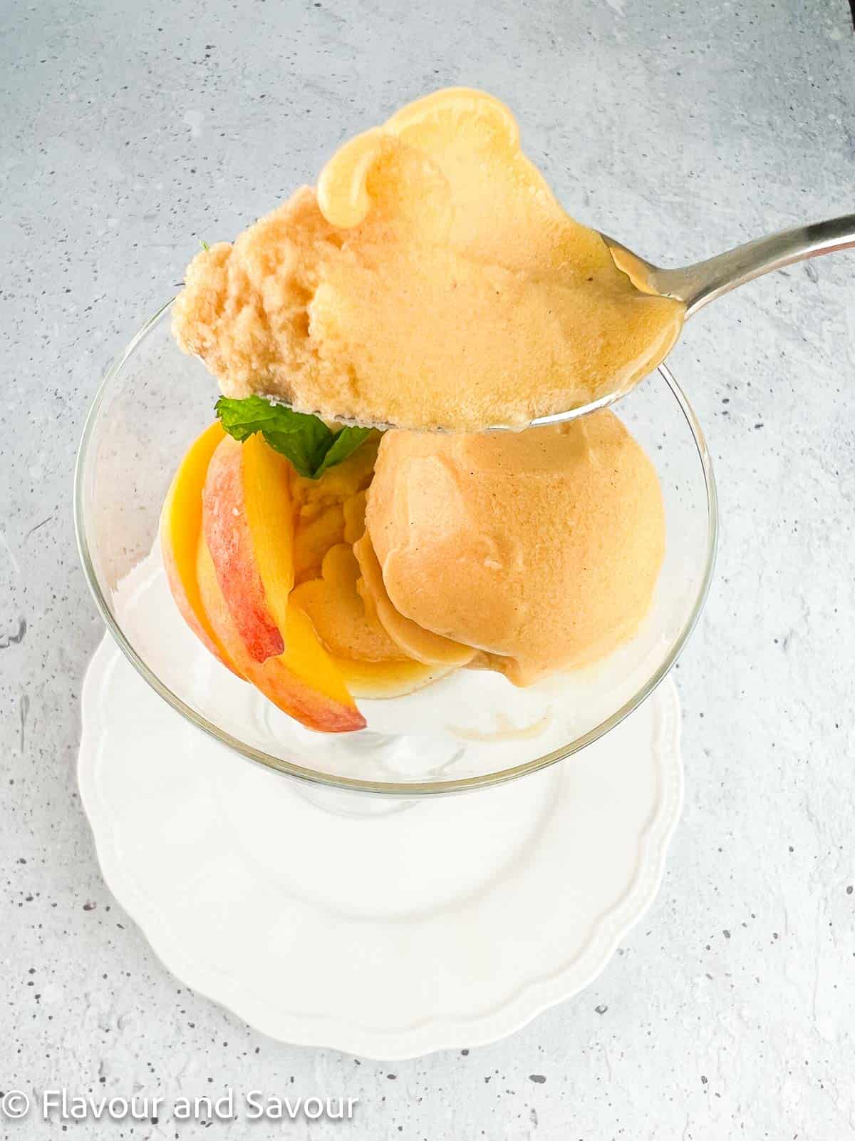 A spoonful of peach ginger sorbet.