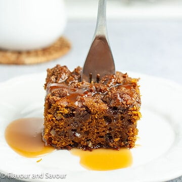 Square image of pumpkin pecan caramel coffee cake.