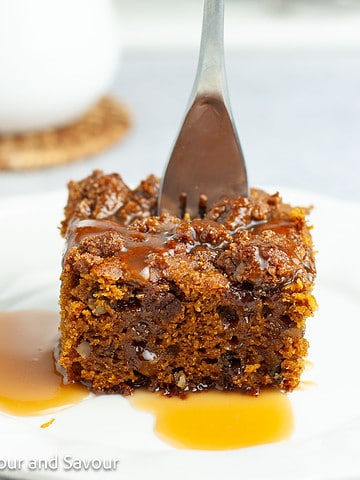 Square image of pumpkin pecan caramel coffee cake.