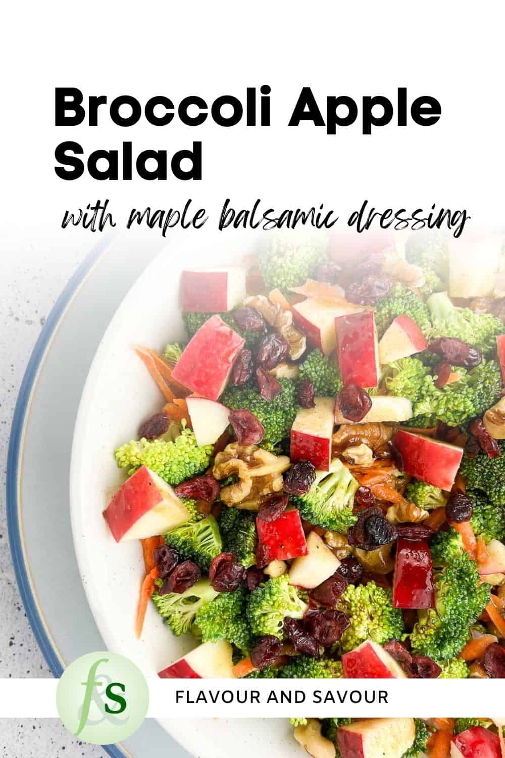 Image with text overlay for broccoli apple salad with maple dressing.