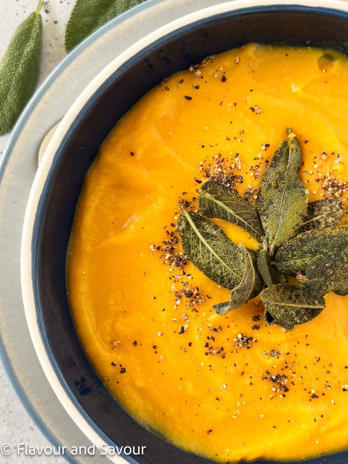 A closeup view of a bowl of butternut squash soup showing the garnish of sage leaves.