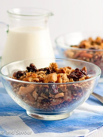 A small glass bowl with cherry vanilla grain-free granola.