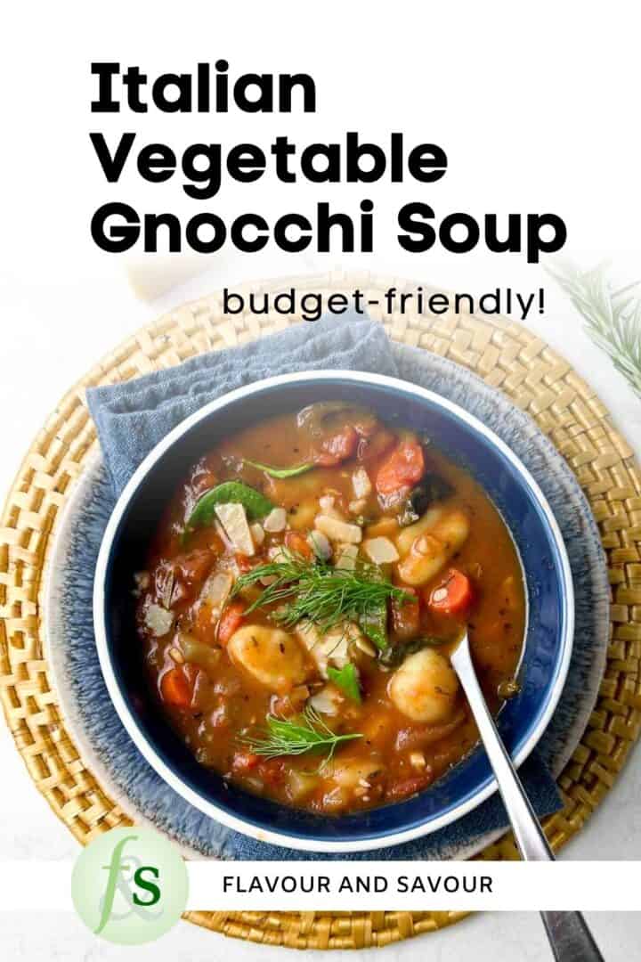 Image with text overlay for Italian Vegetable Gnocchi Soup.