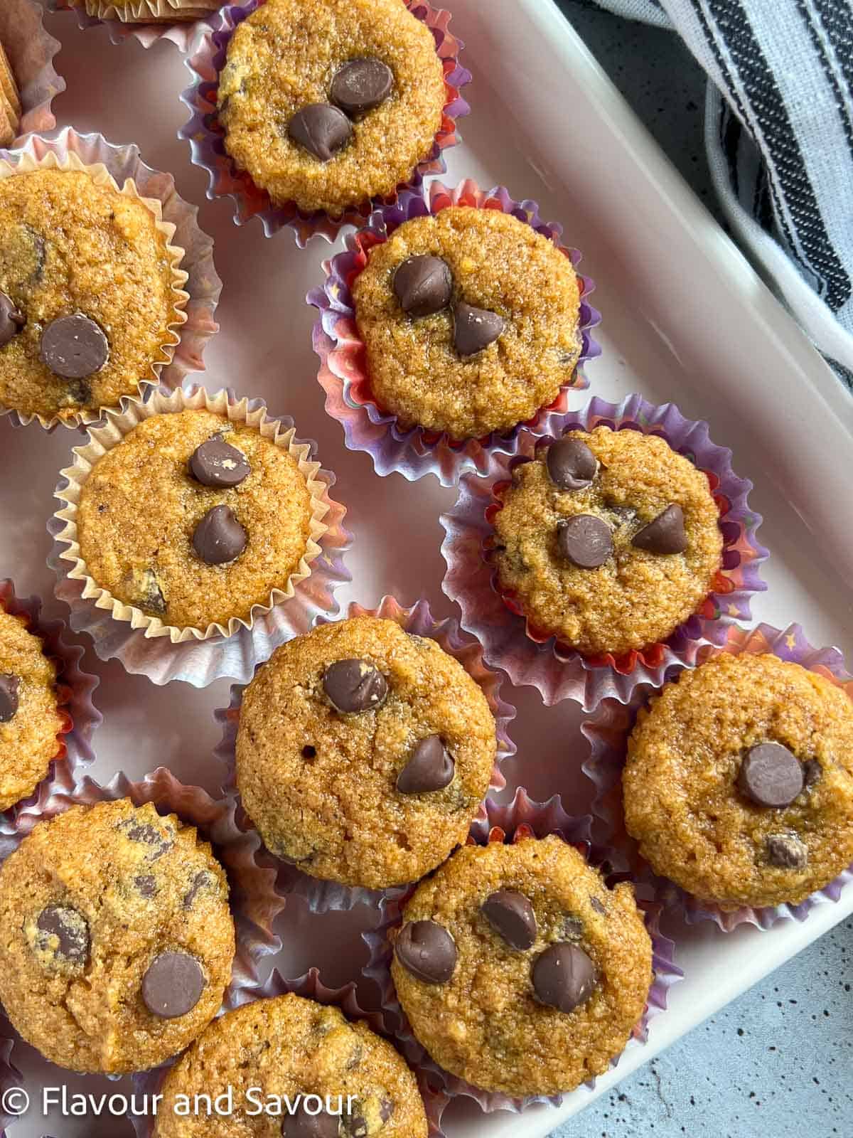 Closeup view of mini gluten-free pumpkin muffins with chocolate chips in Halloween cupcake cases.