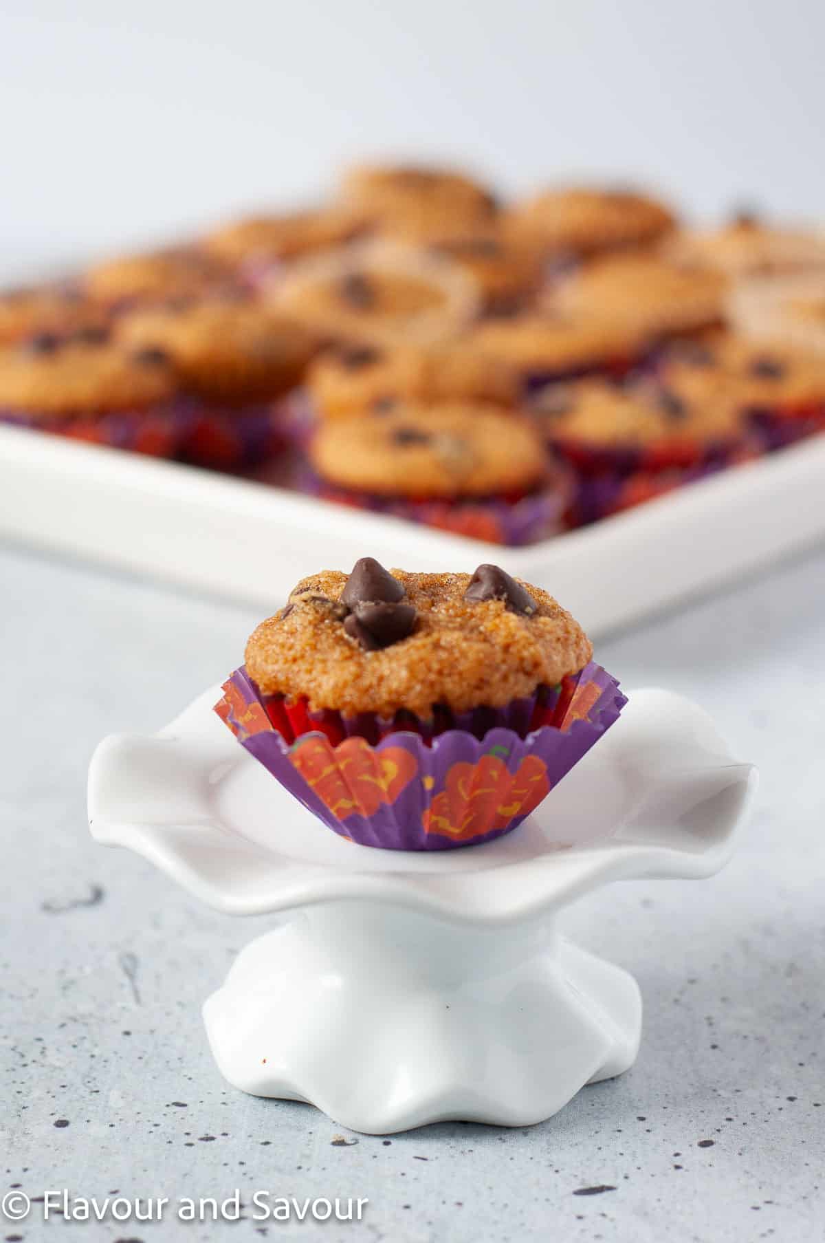 Mini Chocolate Chip Pumpkin Muffin on a cupcake stand.