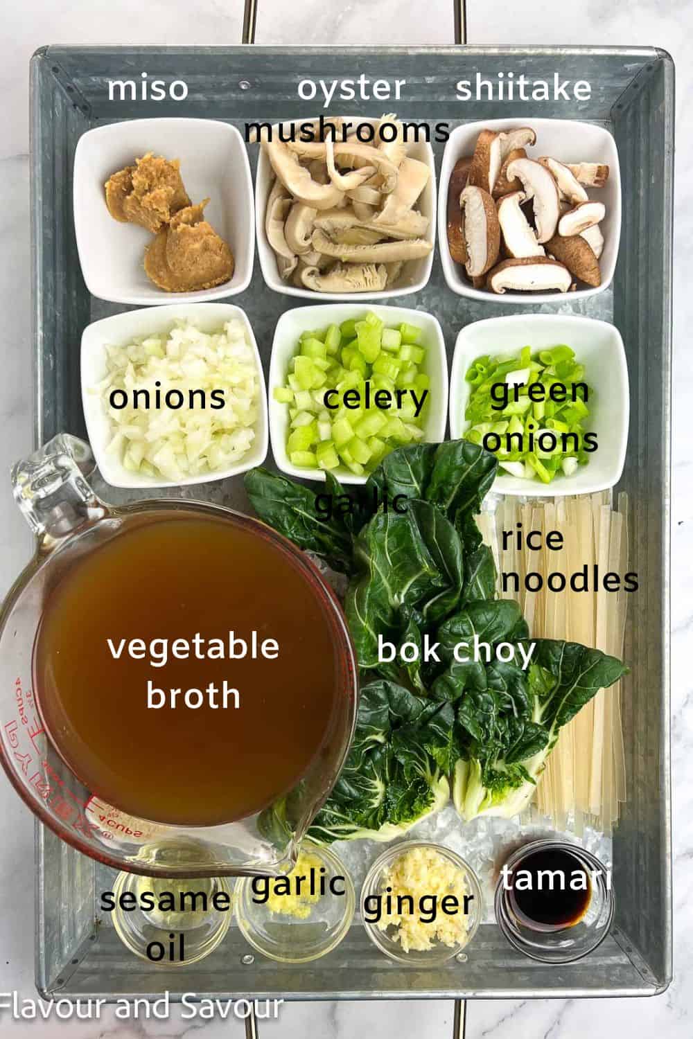 Labelled ingredients for miso noodle soup.