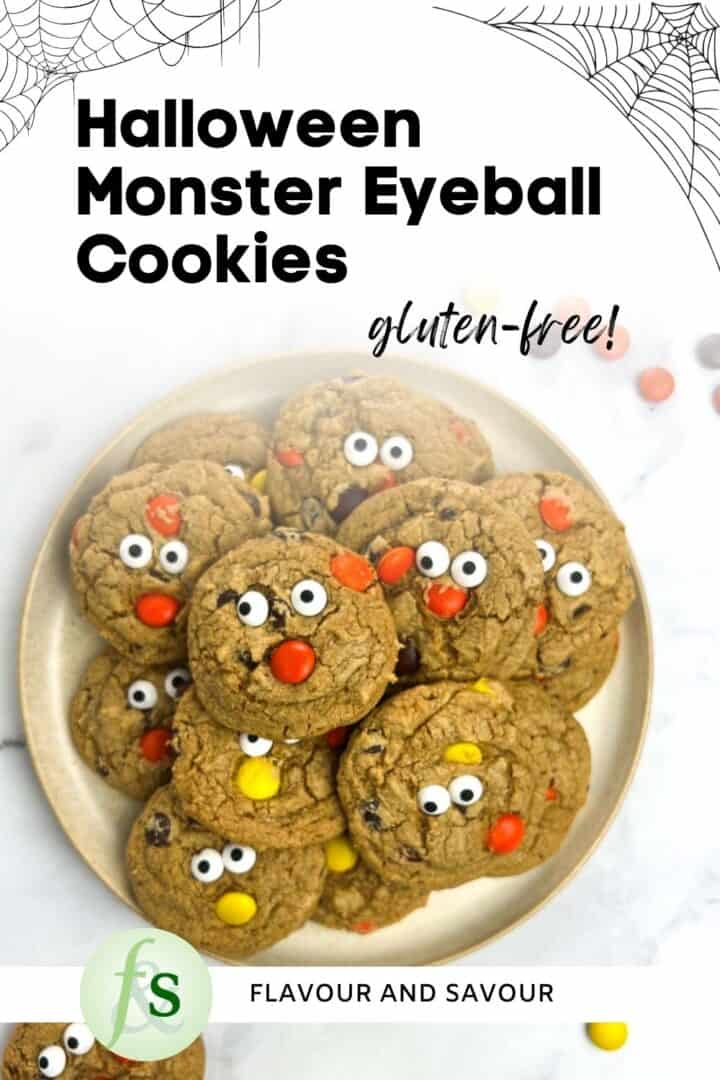 Image with text for Halloween Monster Eyeball Cookies.