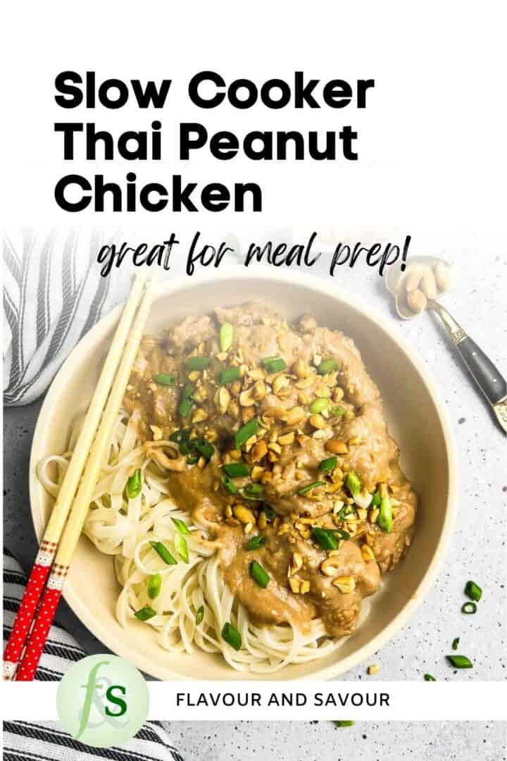 Image with text overlay for slow cooker Thai peanut chicken thighs.