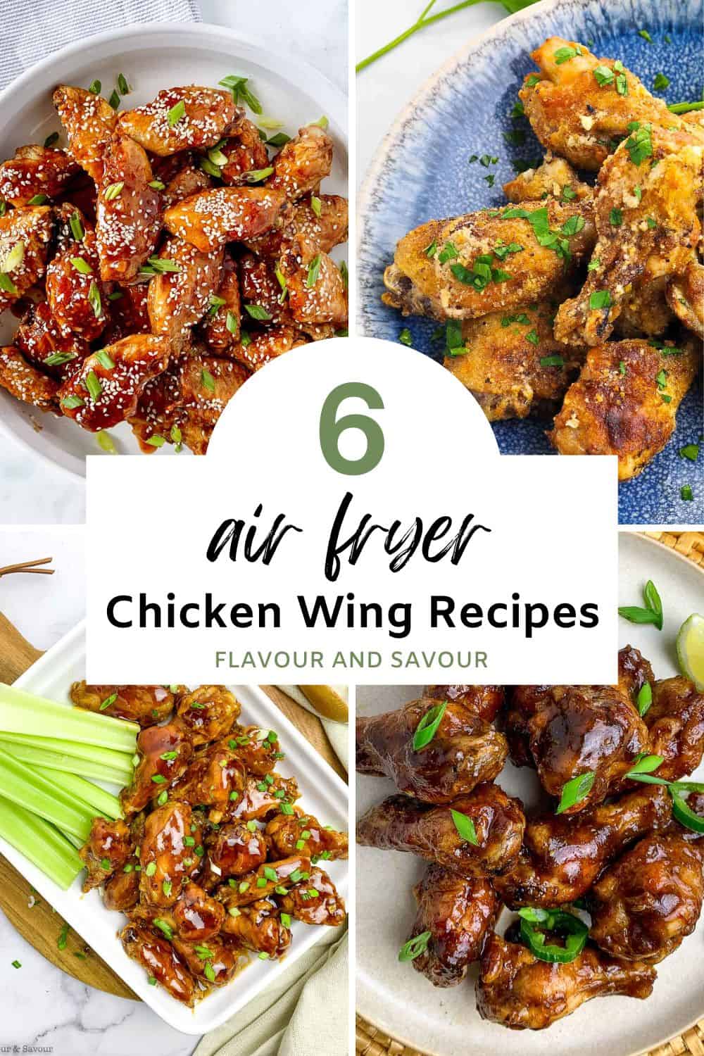 A collage of images of air fryer crispy chicken wings with text reading 6 air fryer chicken wing recipes.