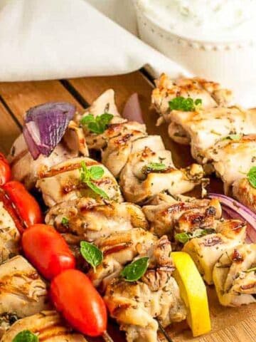 Greek chicken kabobs recipe from Easy Greek Chicken Recipes roundup.