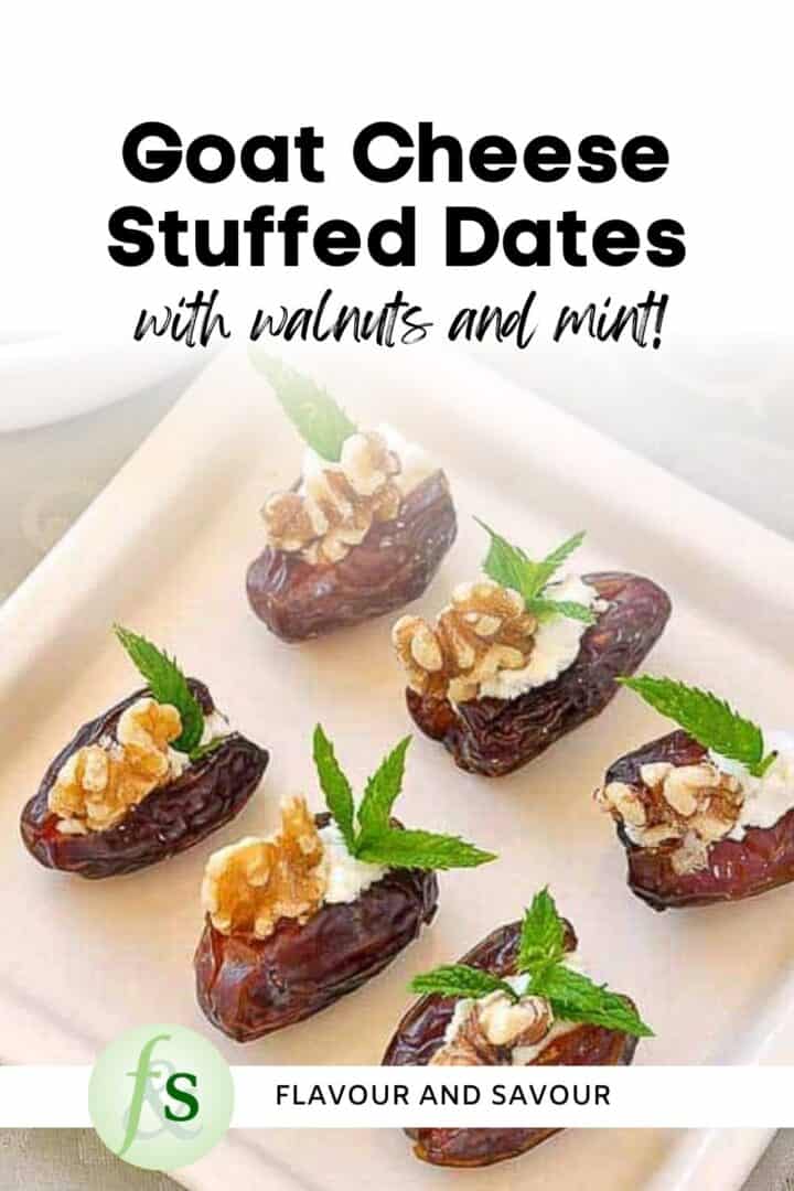 Image with text for goat cheese stuffed dates.