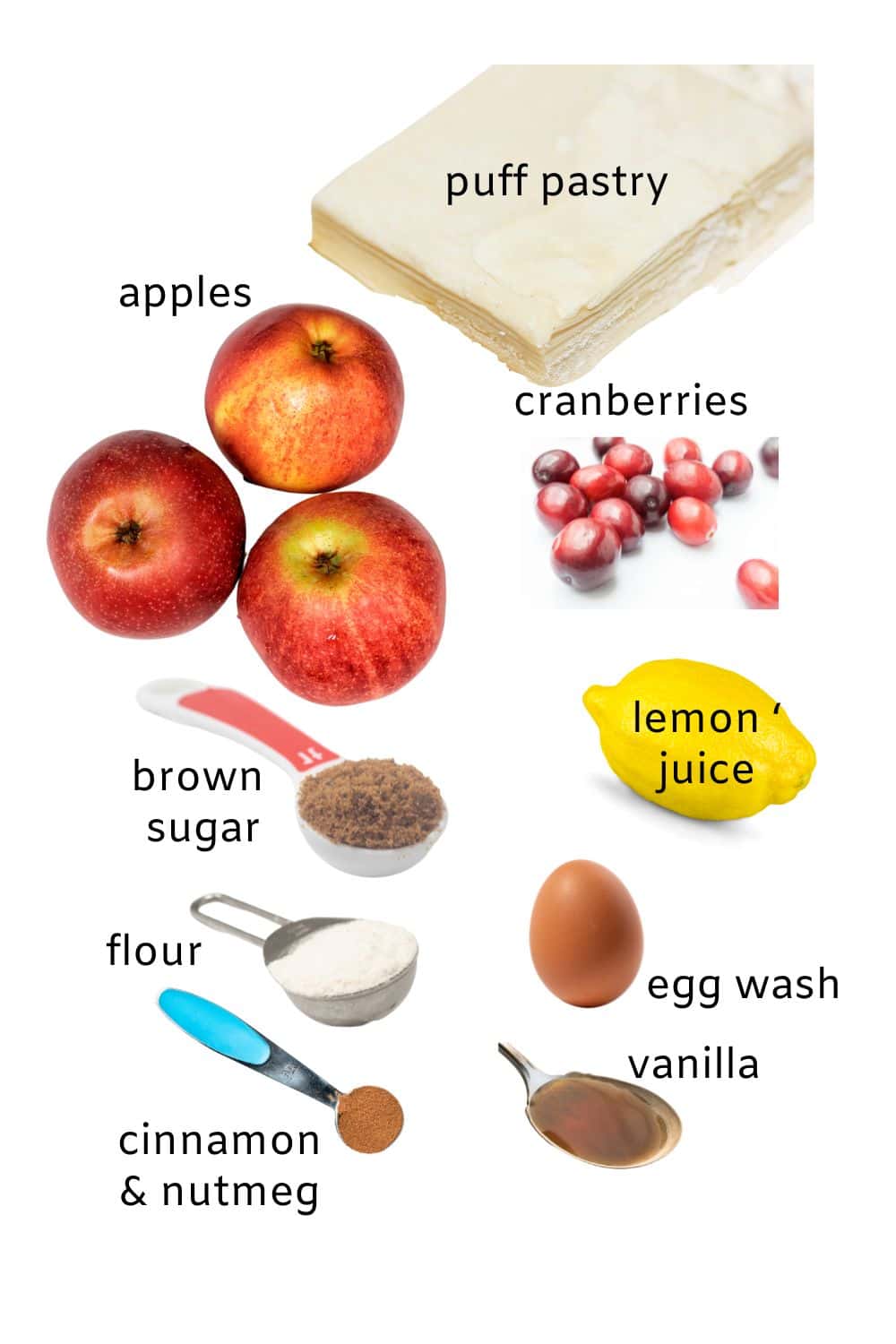 Ingredients for apple cranberry galette with gluten-free puff pastry" apples, cranberries, lemon juice, cinnamon, sugar, nutmeg, egg wash and vanilla extract.