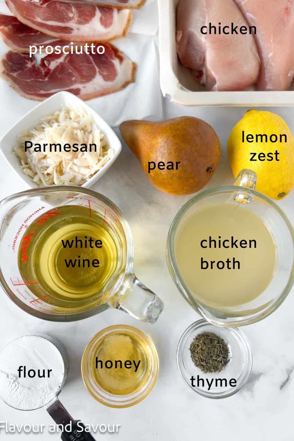 Labeled ingredients for chicken with prosciutto, pears and parmesan: chicken, prosciutto, Parmesan, pear, lemon zest, flour, honey, thyme, white wine, chicken broth.