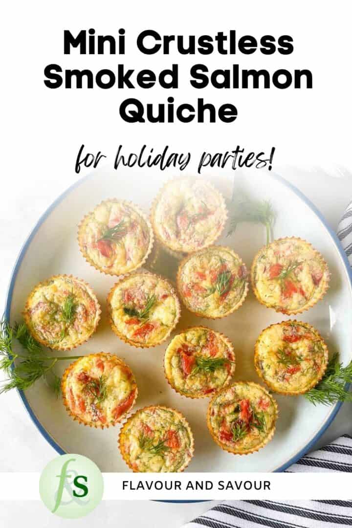 Image with text overlay for mini crustless smoked salmon quiches.