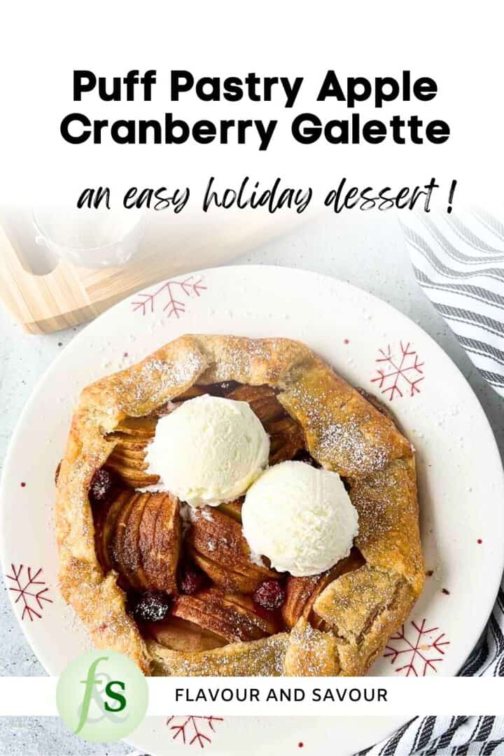 Image with text overlay for gluten-free puff pastry apple cranberry galette.