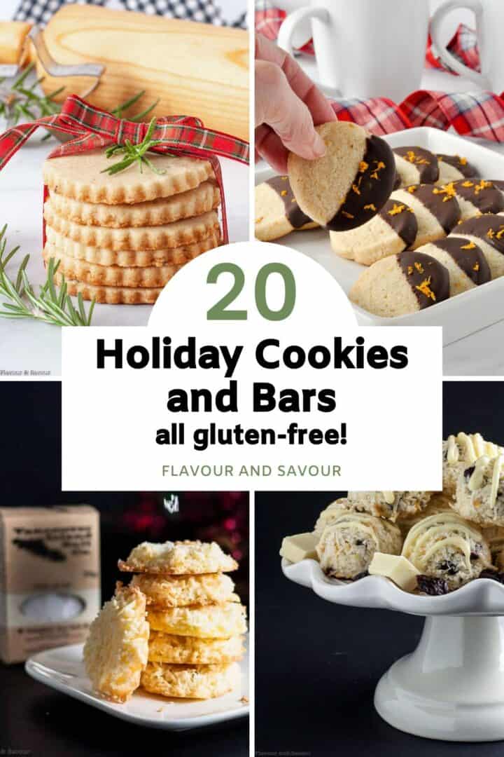 A collage of images of Christmas cookies with text reading 20 Holiday Cookies and Bars, all gluten-free.