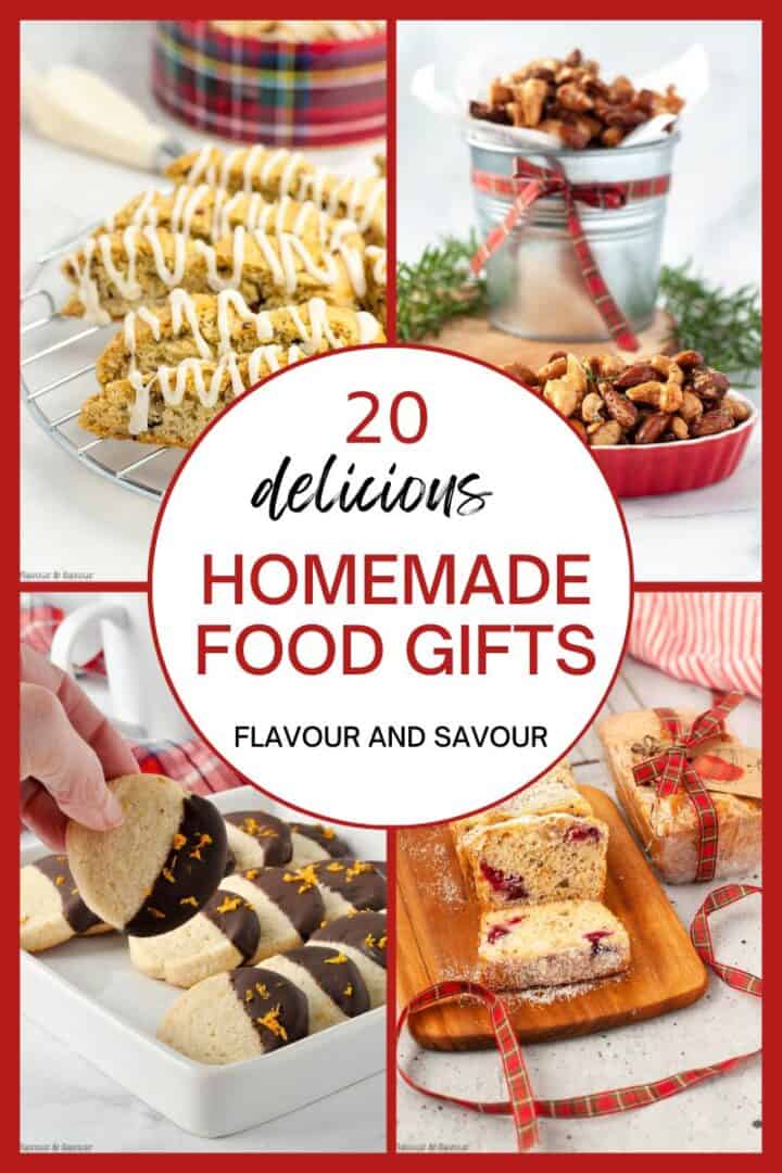 A collage of images with text overlay for 20 homemade food gifts.