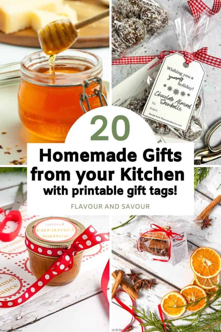 A collage of images with text reading 20 homemade gifts from your kitchen with printable gift tags.