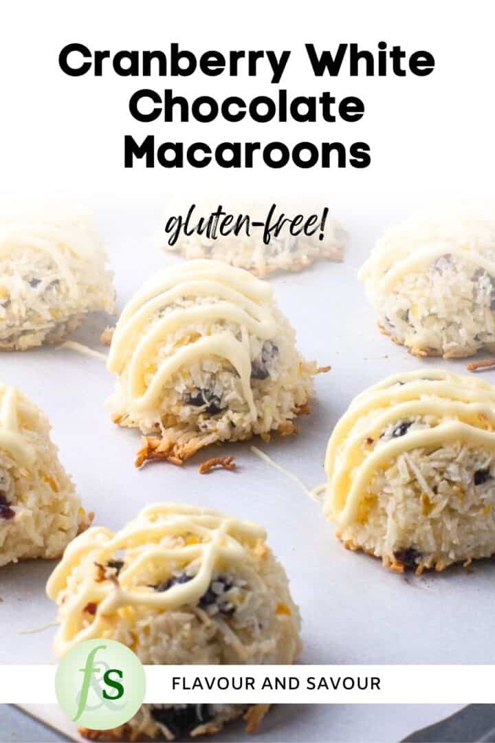 Image with text overlay for gluten-free cranberry white chocolate macaroons.