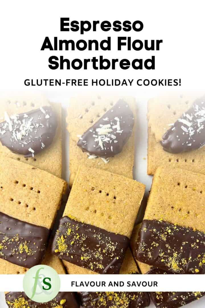 Image with text overlay for gluten-free almond flour espresso flavored shortbread cookies with chocolate dip.