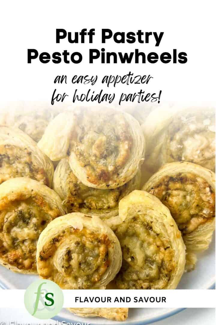 Image with text overlay for Puff Pastry Pesto PInwheels.