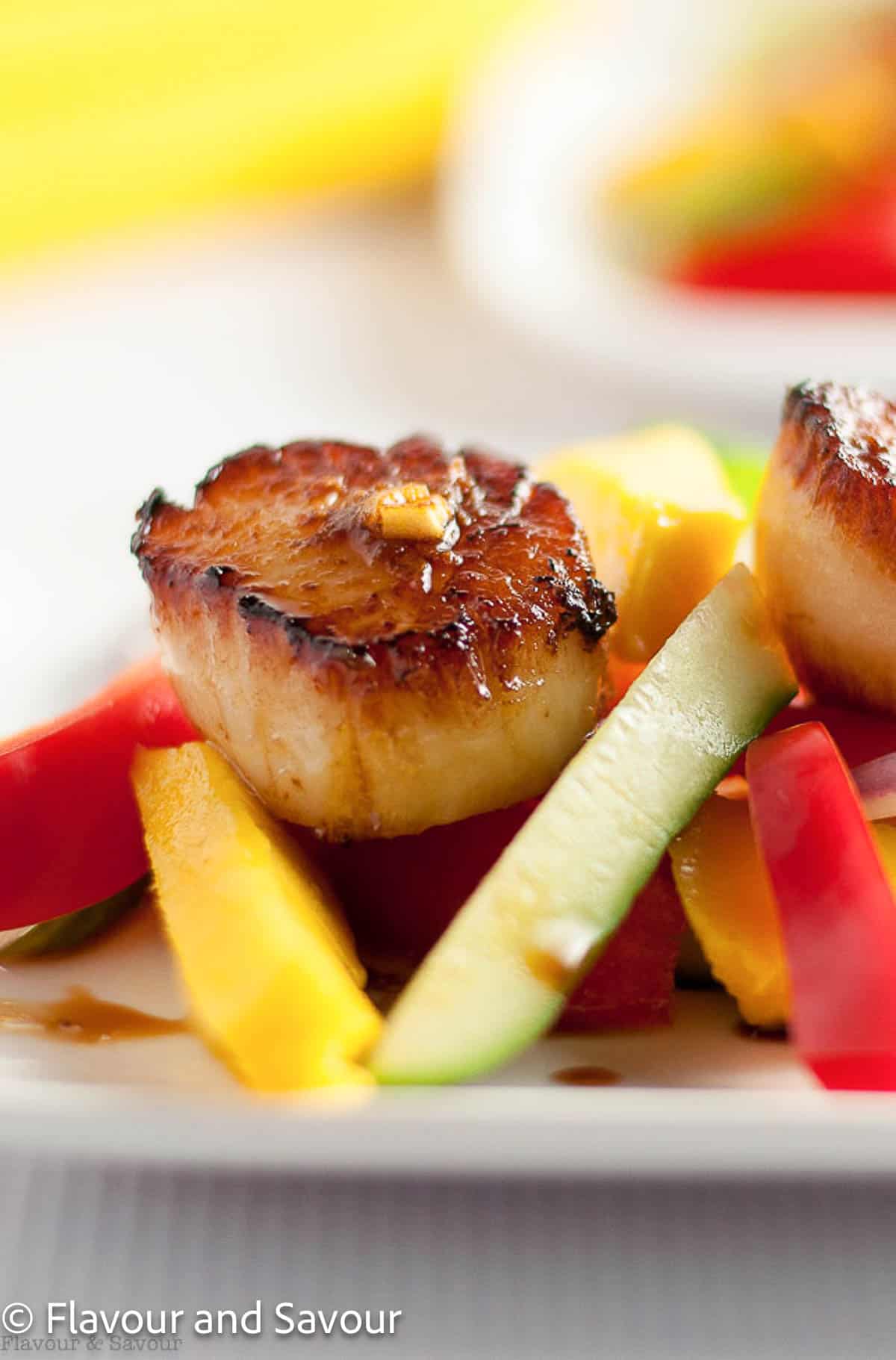 A single seared scallop on top of sliced mango, cucumber and red pepper.
