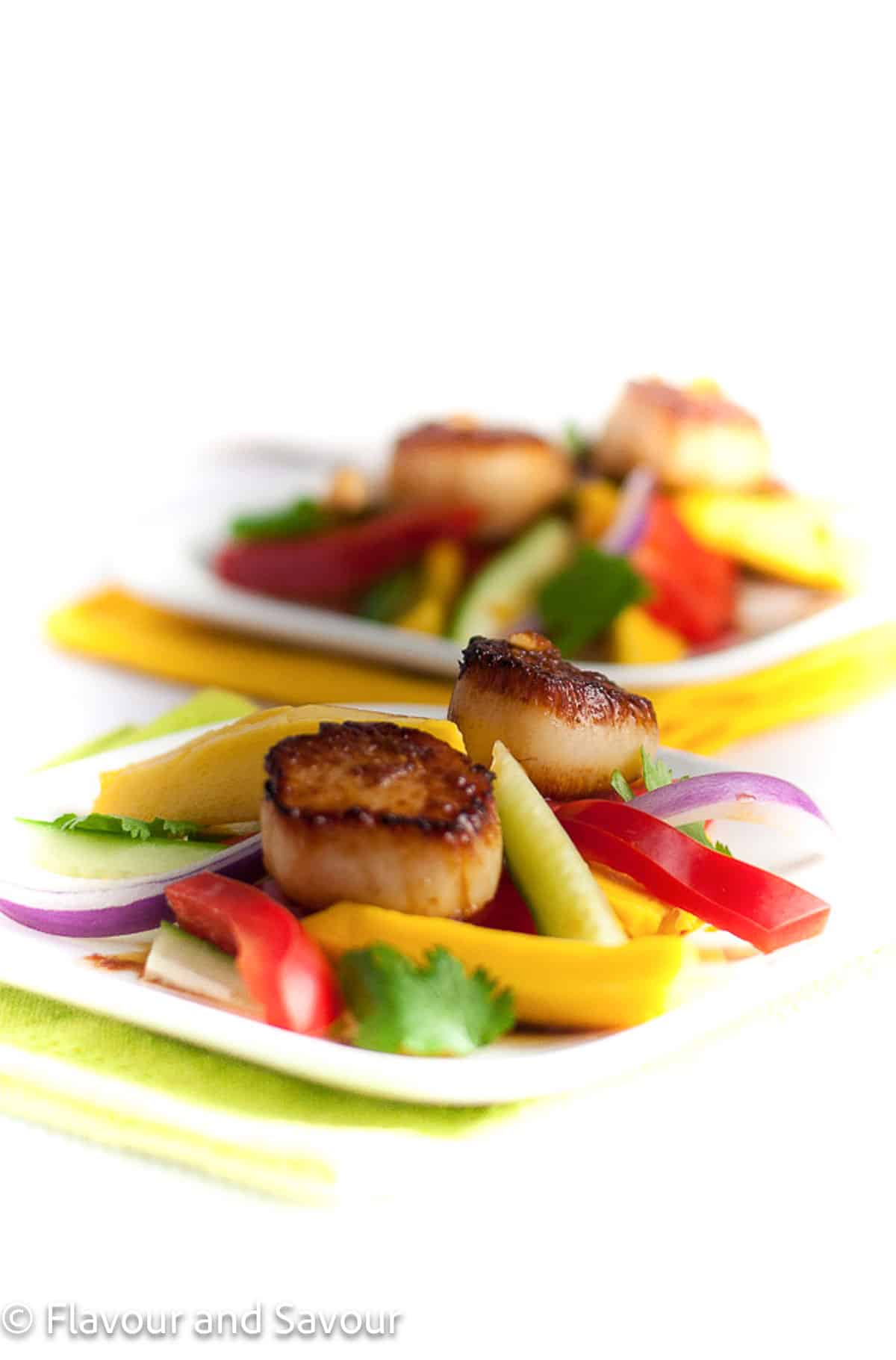 Two plates with seared scallops on a mango salad.