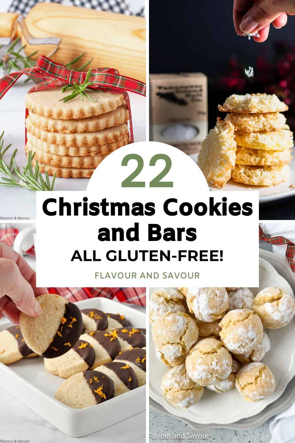 A collage of images with text overlay for 22 Christmas cookies and bars, all gluten-free.