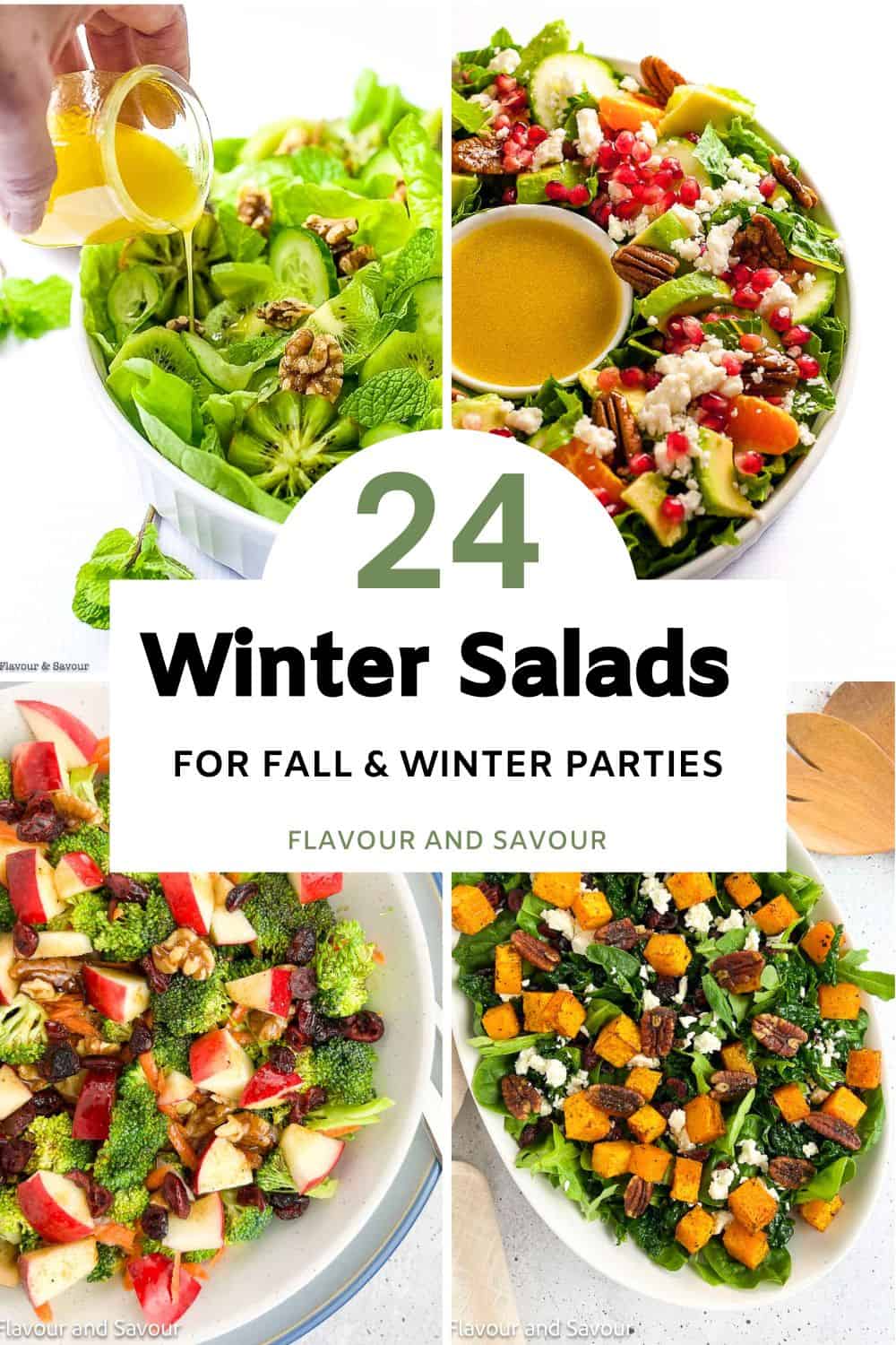 A collage of images with text overlay for 24 winter salads for fall and winter parties.