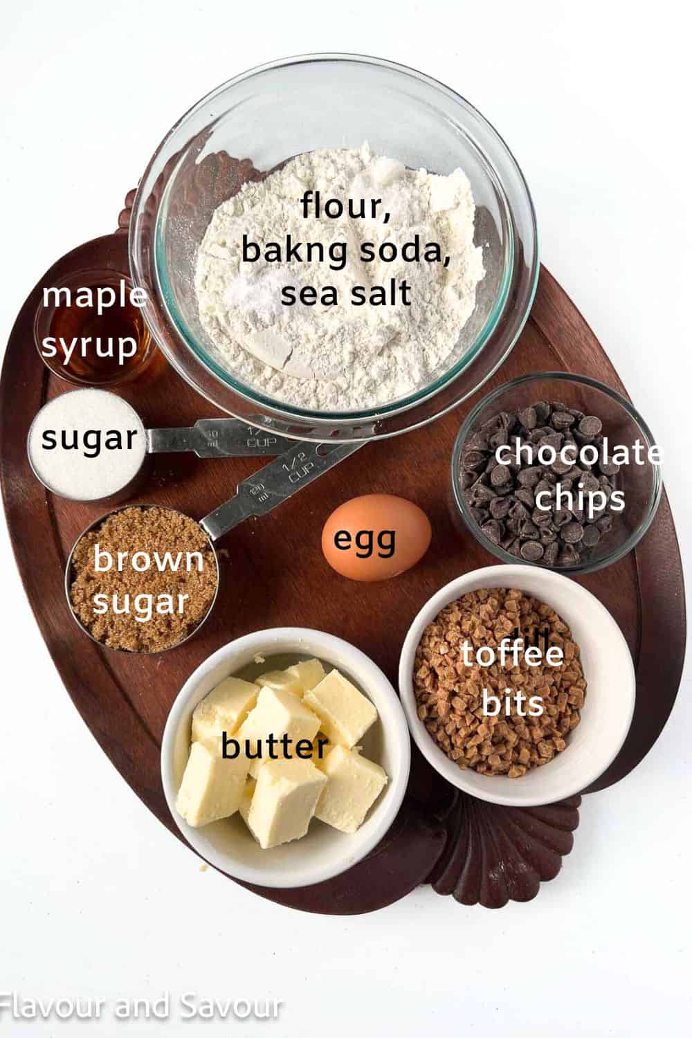 Ingredients for gluten-free toffee chocolate chip cookies.