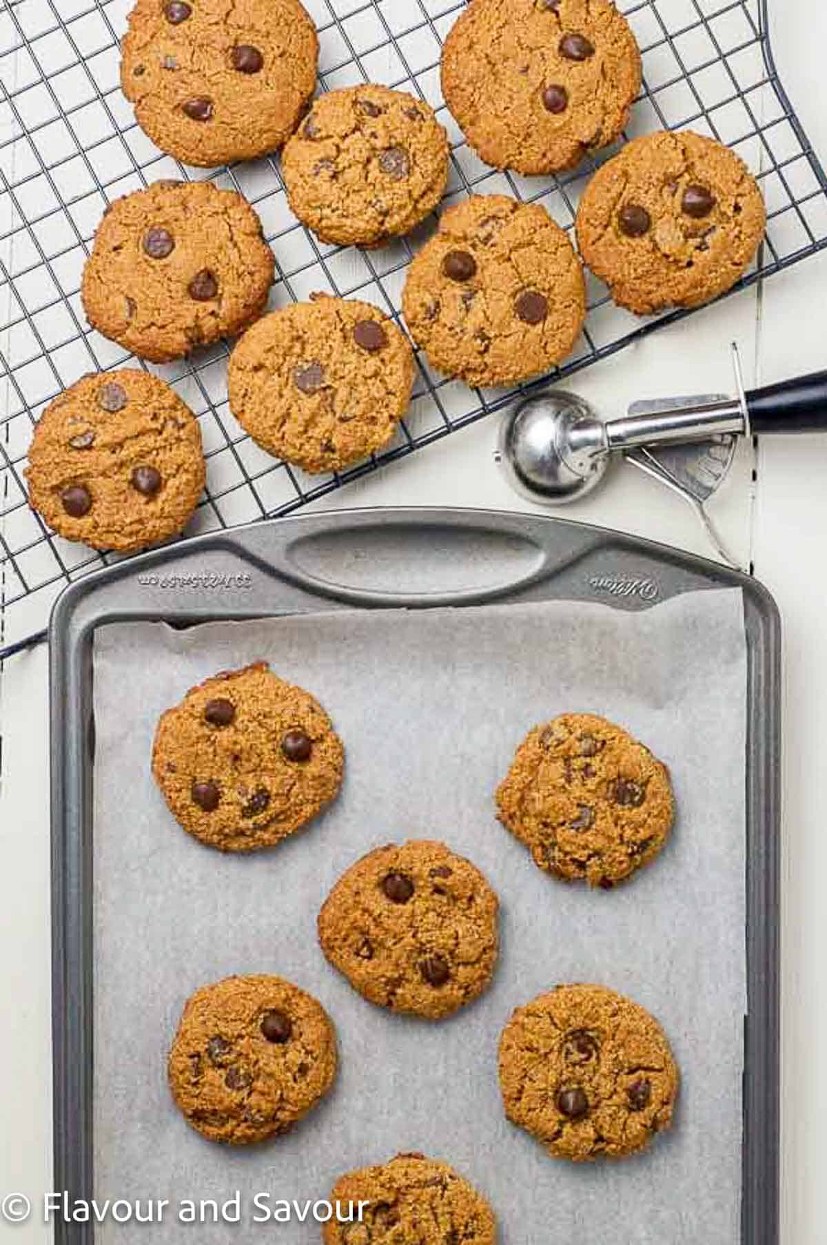 Almond Flour chocolate chip cookies on a cooling rack.
