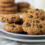 Almond flour chocolate chip cookies on a plate.