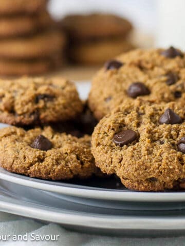 Almond flour chocolate chip cookies on a plate.