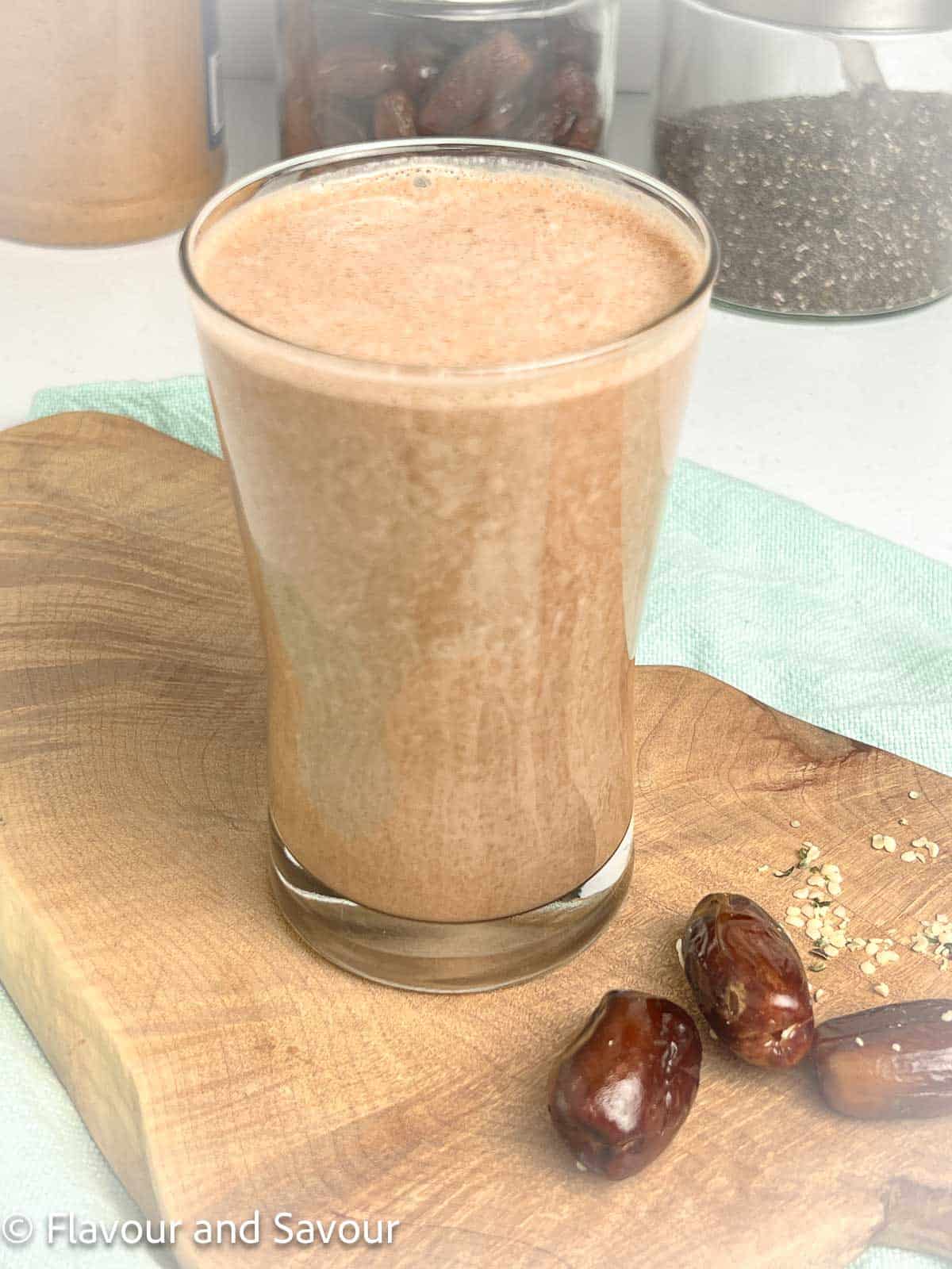 Chocolate peanut butter smoothie with hemp hearts and dates.