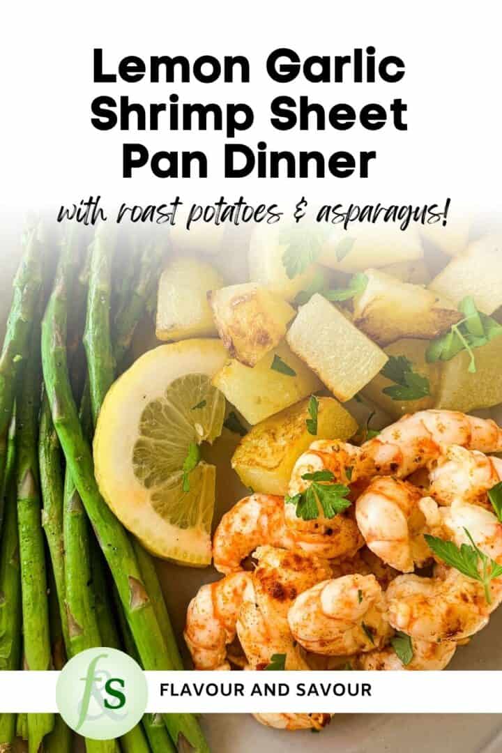 Image with text overlay for Lemon Garlic Shrimp Sheet Pan Dinner.